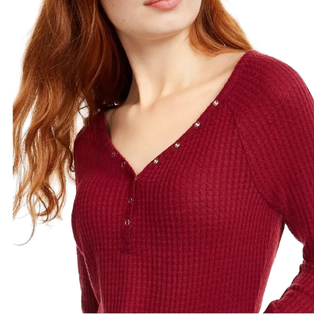 ULTRA FLIRT women’s waffle knit pretty pastel v-neck long sleeve rhododendron